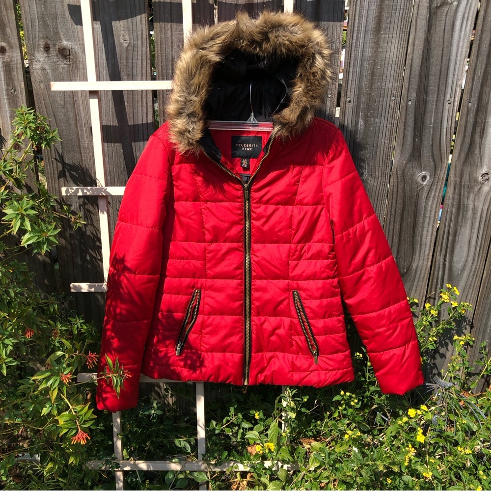 Celebrity Pink Red Puffer Jacket with Fur Hood L Juniors